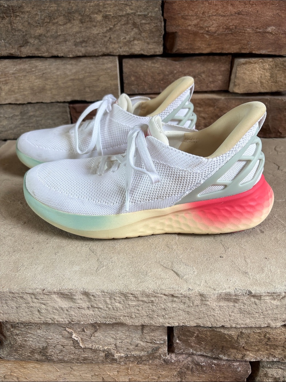 Women's White Knit Athletic Sneakers with Pastel Gradient Sole